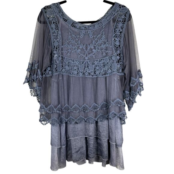 Flowy Lagenlook Tiered Lace Mesh Semi Sheer Layered Blue Blouse Size Medium - Picture 3 of 8